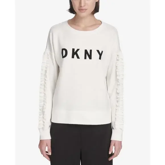 DKNY Womens Activewear Sport Ruffled Sleeve Logo T-Shirt Size L - Picture 2 of 2